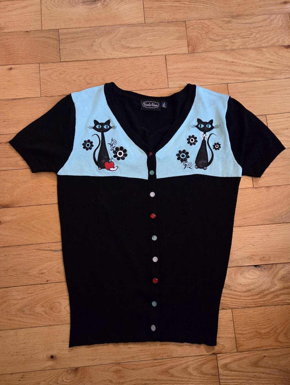 Voodoo Vixen Black & Light Blue Cat Button-Front Knit Top